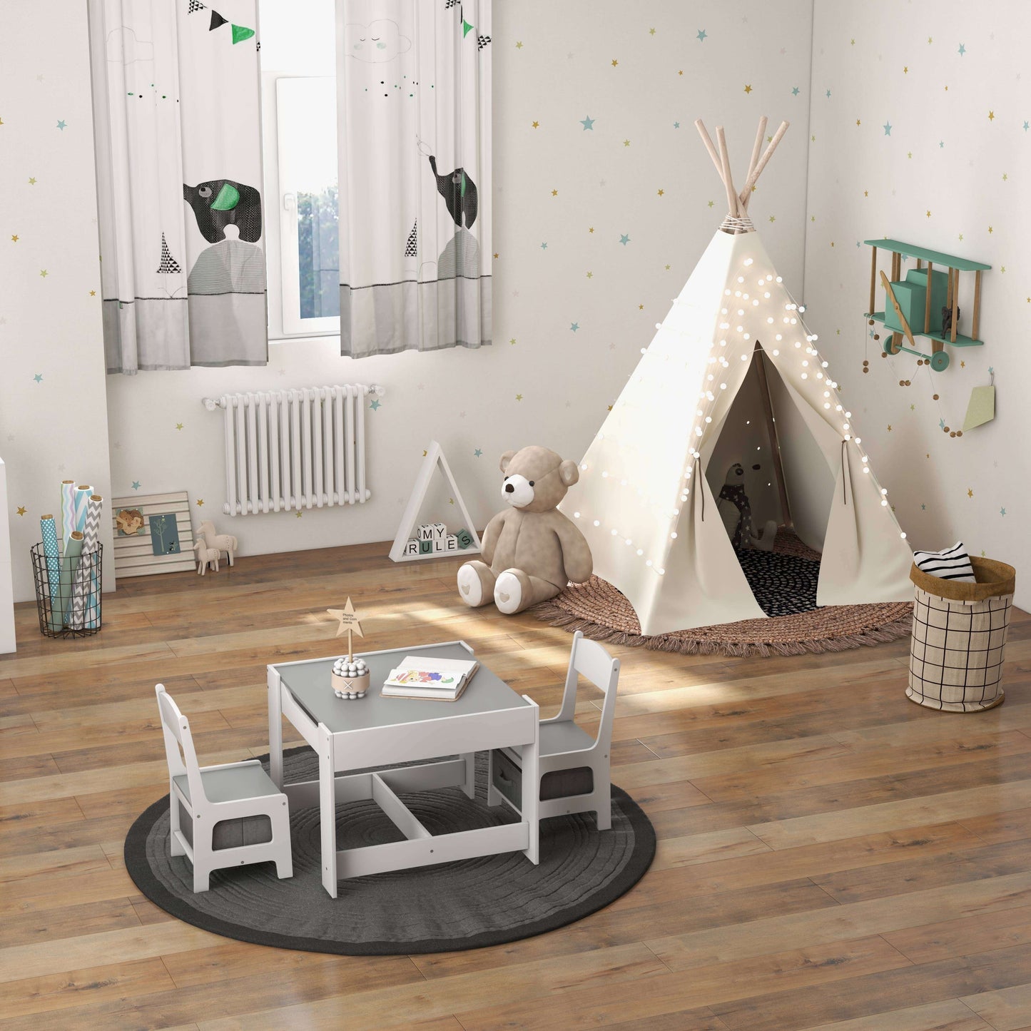 Kids Table Chairs Set With Storage Boxes Blackboard Whiteboard Drawing