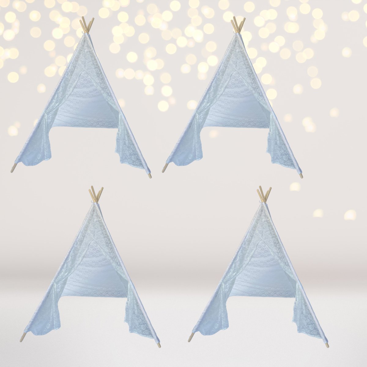 Four light blue lace teepee tents for kids with wooden poles and soft lights backdrop on Tampa Home & Garden Store