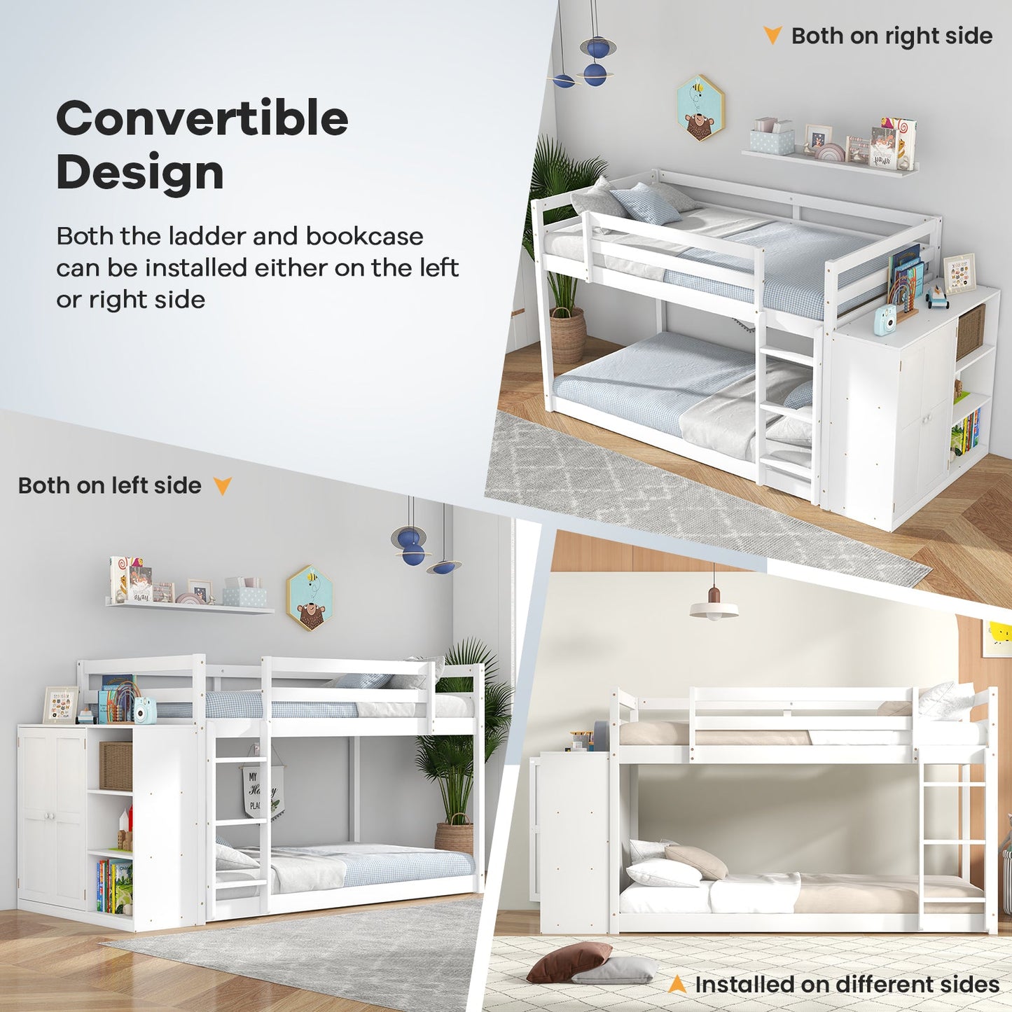 Twin Size Bunk Bed with Convertible Bookcase and Ladder-White