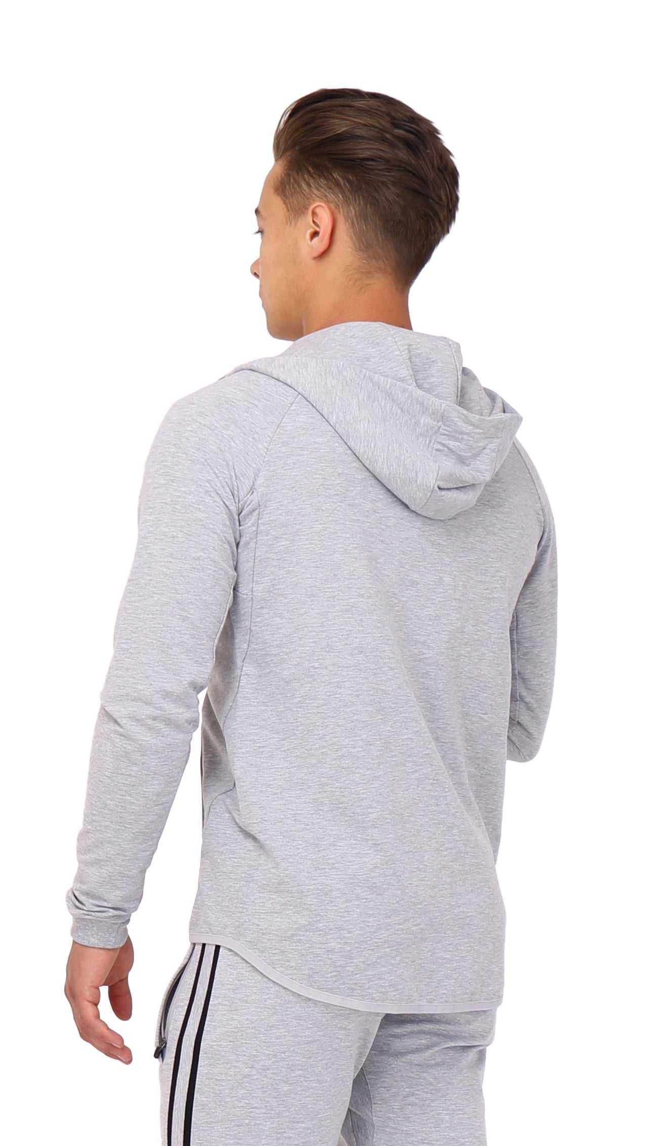 All-Day Comfort Hooded Sweatshirt Slim Fit gray heather back view men's hoodie on Tampa Home & Garden Store