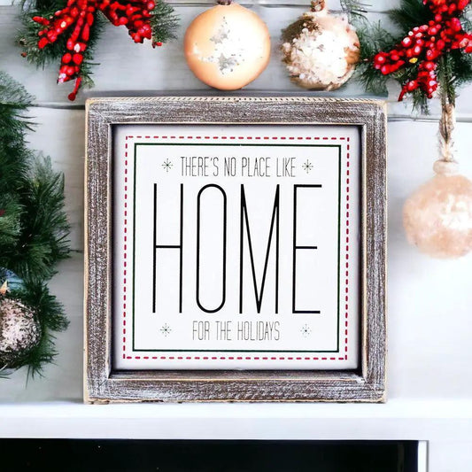 Home Holidays 7in Sign by Gia Roma, white panel with bold HOME in a rustic wood frame on Tampa Home & Garden Store