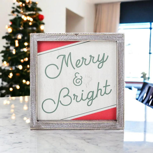 Merry & Bright 7in Christmas sign by Gia Roma; distressed silver frame, white panel with teal script and red accents on Tampa Home & Garden Store