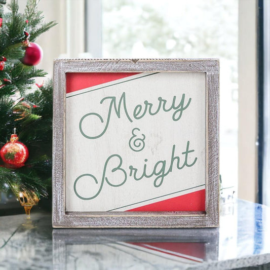 Merry & Bright 7in Christmas sign with whitewashed frame and green script by Gia Roma on Tampa Home & Garden Store