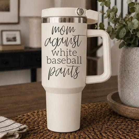 40oz baseball pants tumbler Gia Roma mug with black script mom against white baseball pants on Tampa Home & Garden Store