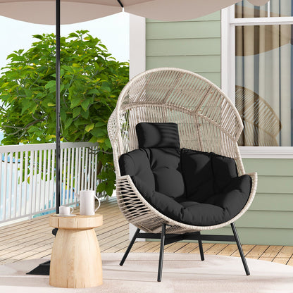Sillón de mimbre estilo huevo de tamaño extragrande con cojines y reposacabezas-Negro