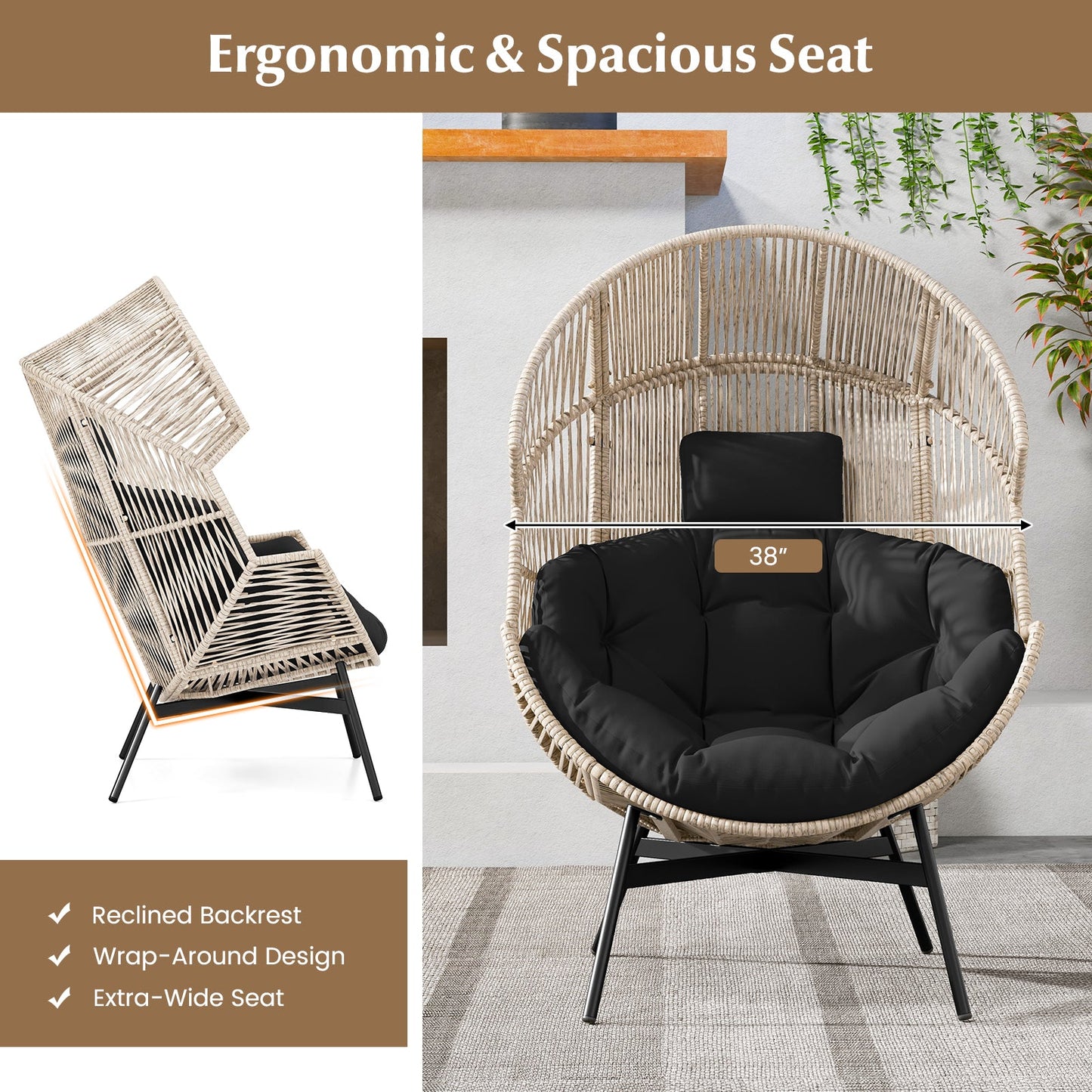 Sillón de mimbre estilo huevo de tamaño extragrande con cojines y reposacabezas-Negro
