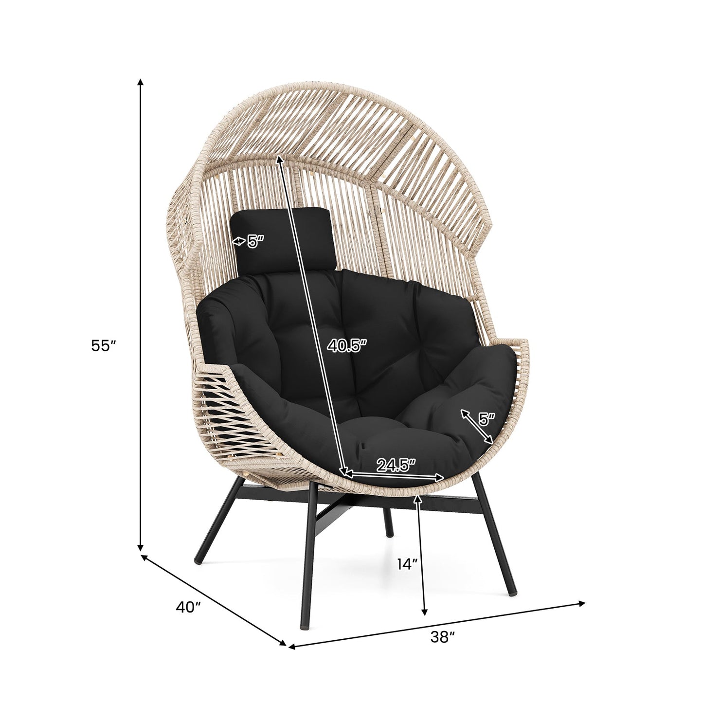 Sillón de mimbre estilo huevo de tamaño extragrande con cojines y reposacabezas-Negro