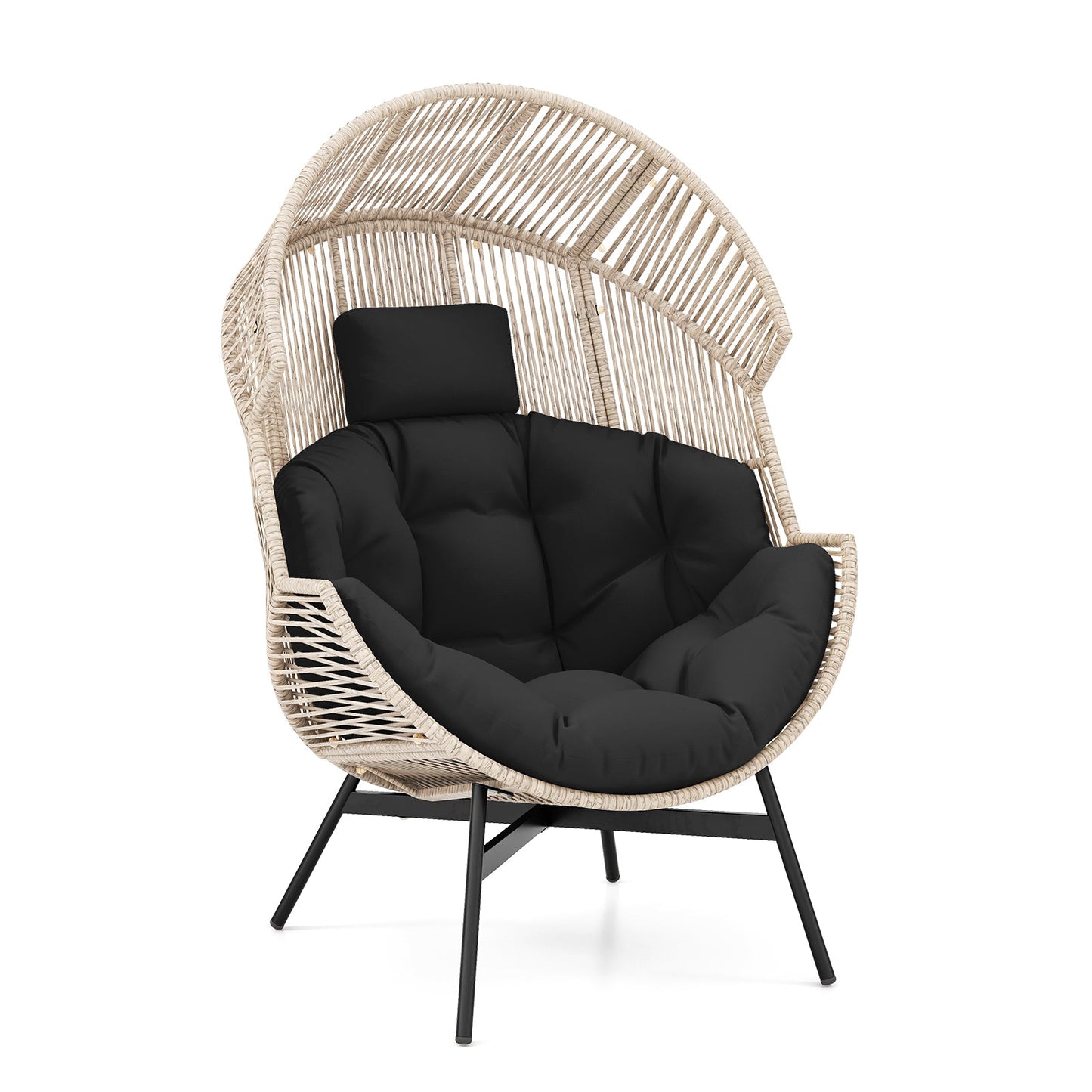 Sillón de mimbre estilo huevo de tamaño extragrande con cojines y reposacabezas-Negro