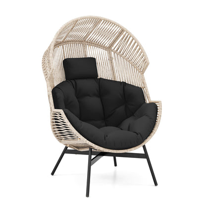 Sillón de mimbre estilo huevo de tamaño extragrande con cojines y reposacabezas-Negro