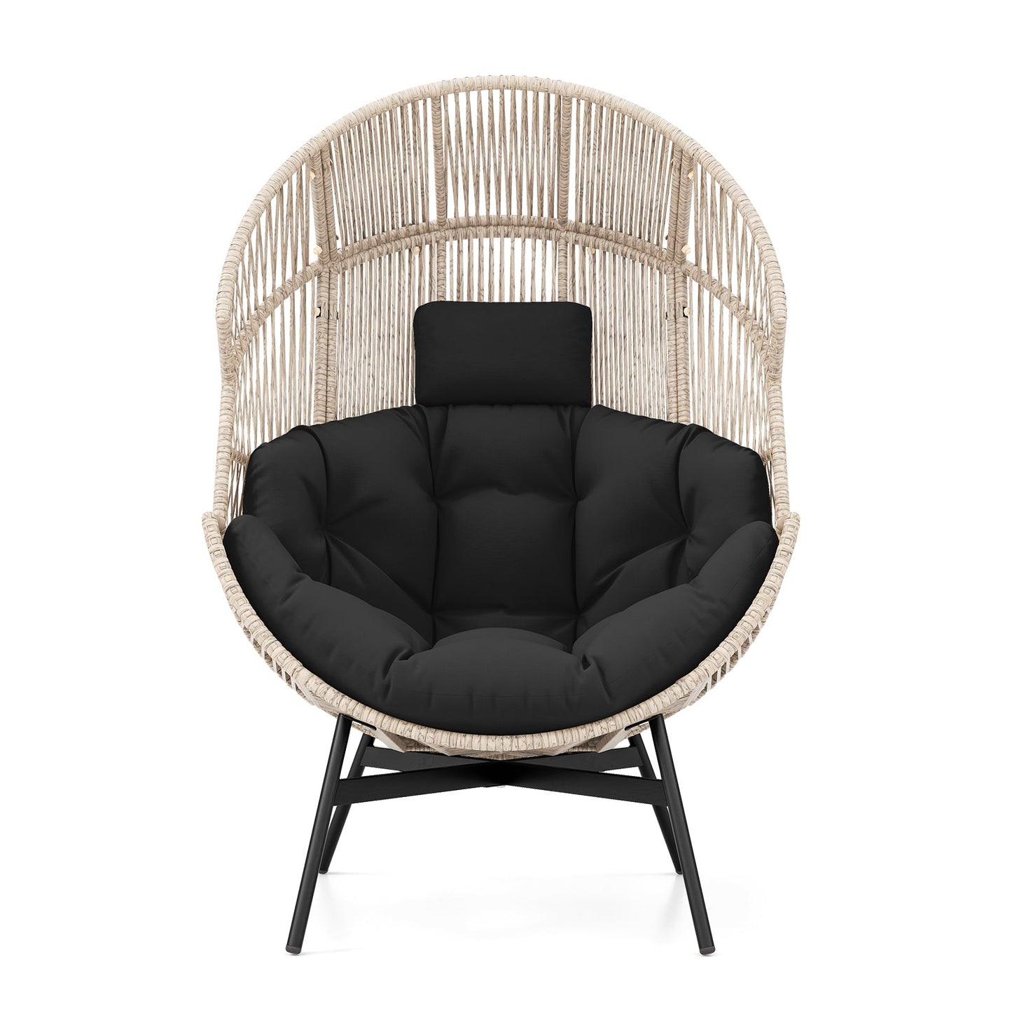 Sillón de mimbre estilo huevo de tamaño extragrande con cojines y reposacabezas-Negro