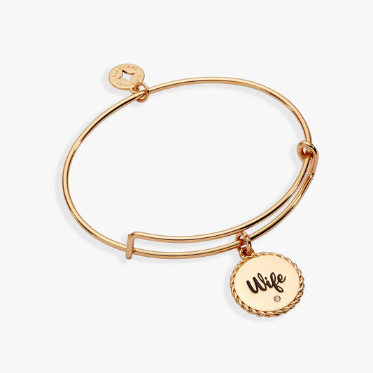 Alex and Ani rose gold Wife charm bangle with round engraved disc reading Wife and rope-edged pendant on Tampa Home & Garden Store