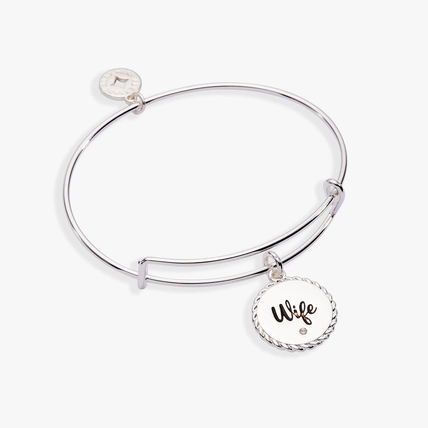 Wife charm bangle by ALEX AND ANI with round disc reading Wife and crystal accent on Tampa Home & Garden Store