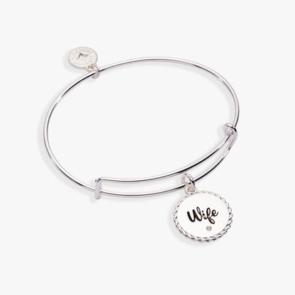 Wife charm bangle by ALEX AND ANI with round disc reading Wife and crystal accent on Tampa Home & Garden Store