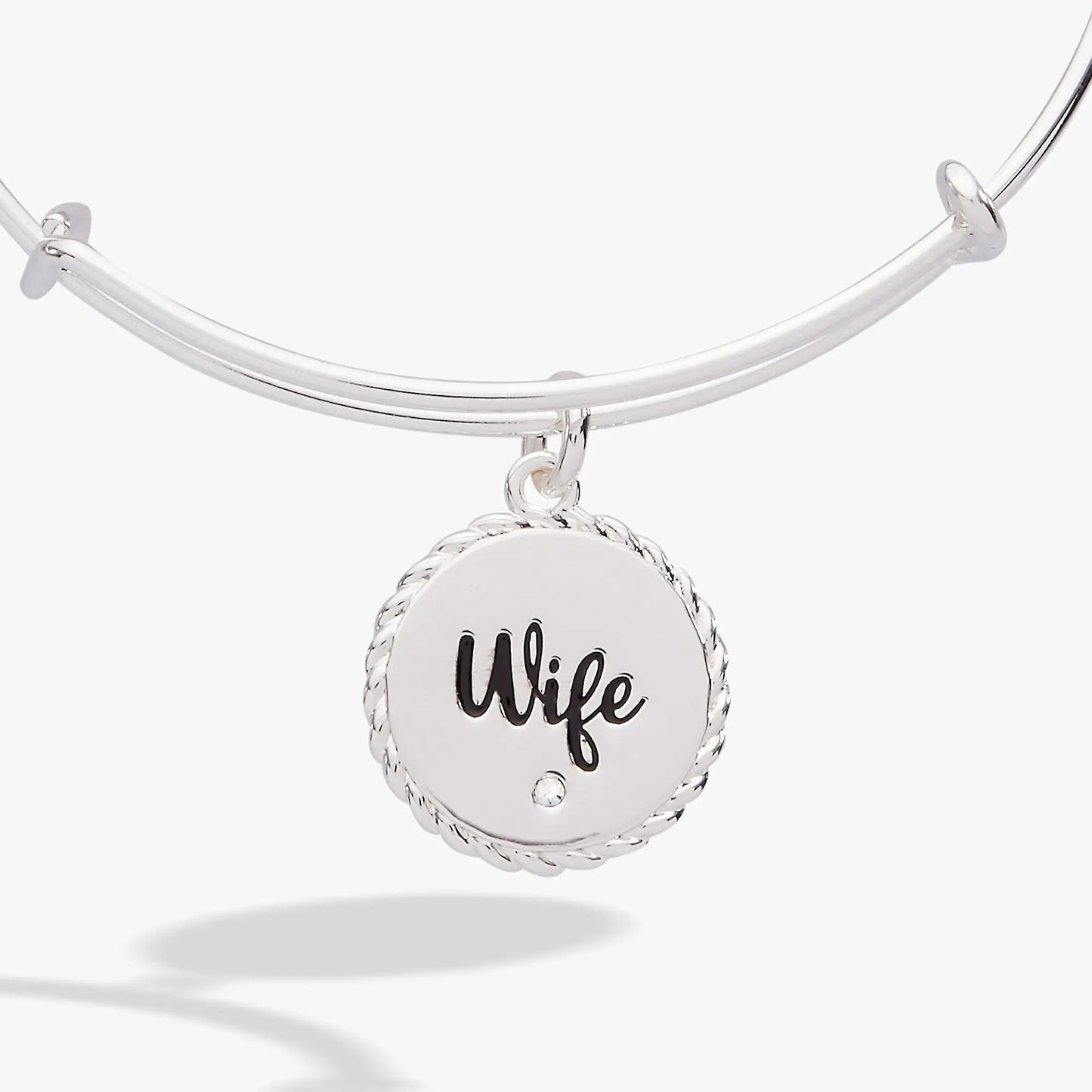 Silver-tone ALEX AND ANI charm bangle with round Wife pendant and braided rope edge on Tampa Home & Garden Store