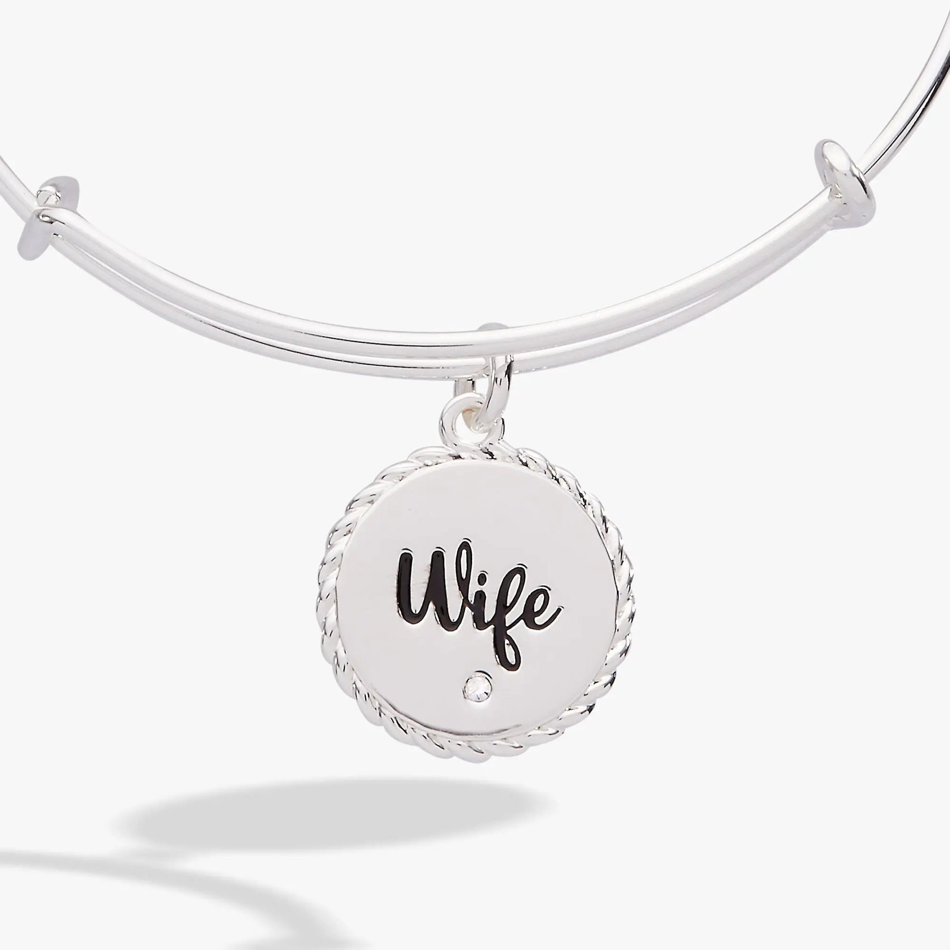 Silver-tone ALEX AND ANI charm bangle with round Wife pendant and braided rope edge on Tampa Home & Garden Store