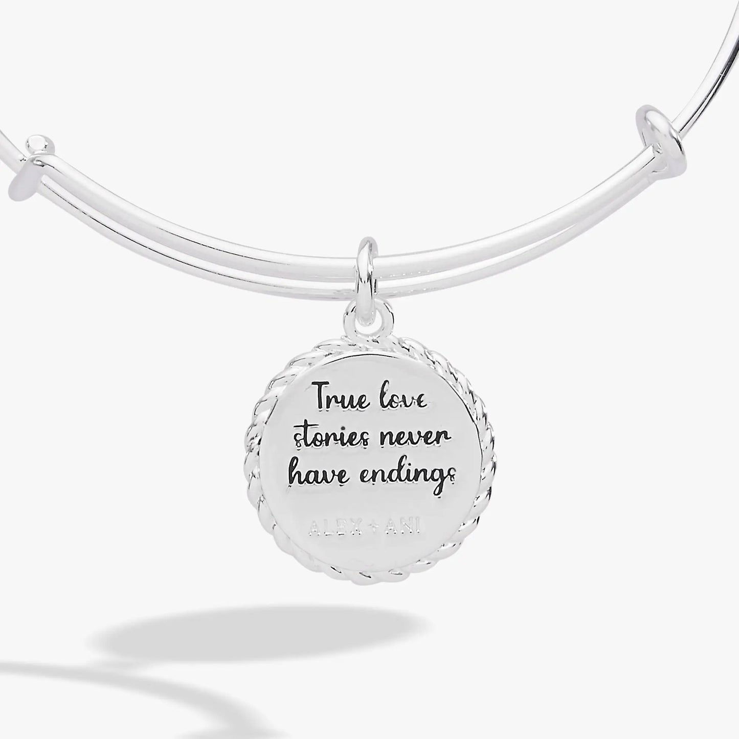 Bracelet: Alex and Ani silver True Love Stories Never Have Endings engraved charm bangle on Tampa Home & Garden Store
