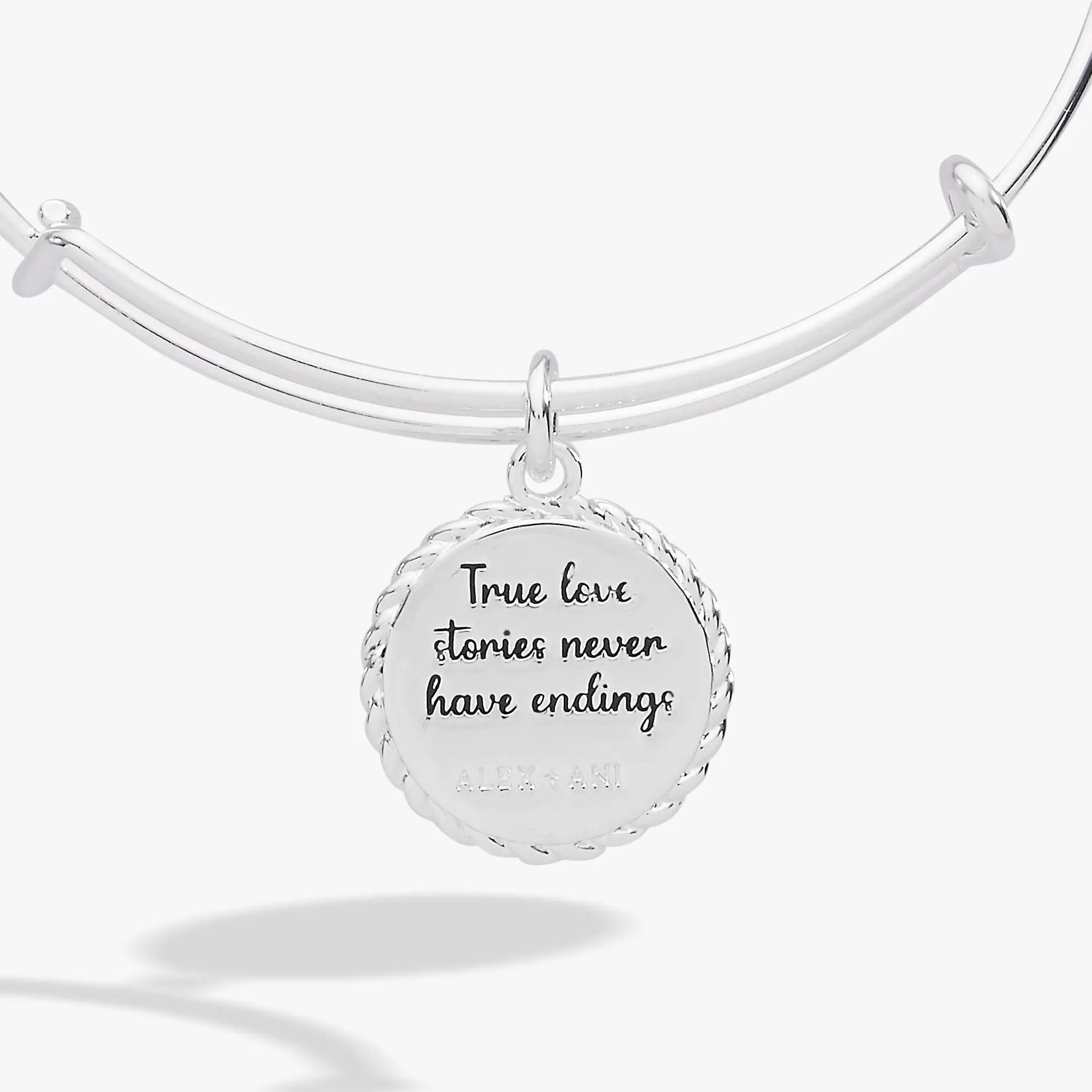 Bracelet: Alex and Ani silver True Love Stories Never Have Endings engraved charm bangle on Tampa Home & Garden Store