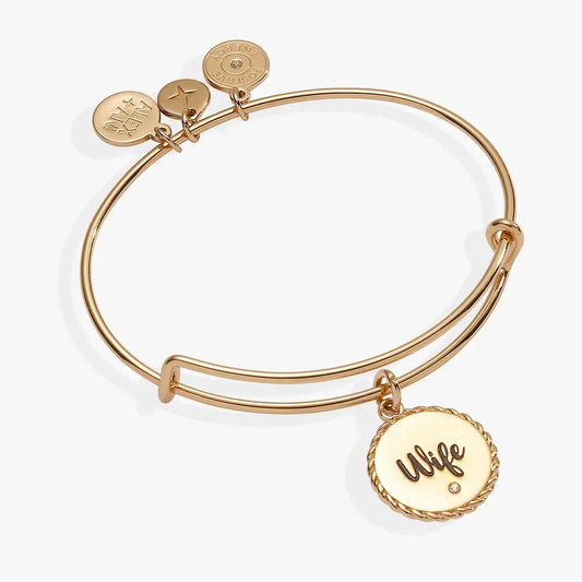 Wife Charm Bangle by ALEX AND ANI, gold-tone bracelet with rope-edged round charm on Tampa Home & Garden Store