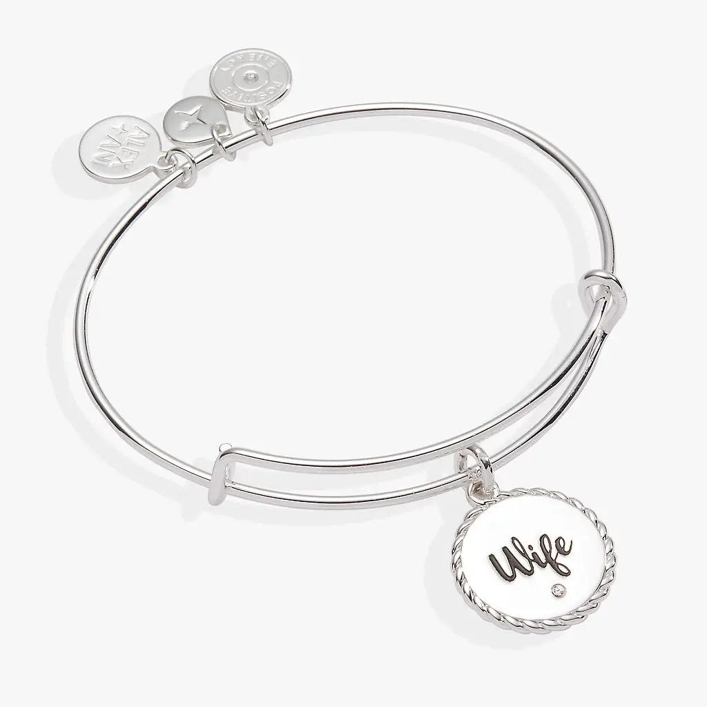 Wife Charm Bangle bracelet by ALEX AND ANI in silver with round rope-edge charm engraved Wife on Tampa Home & Garden Store