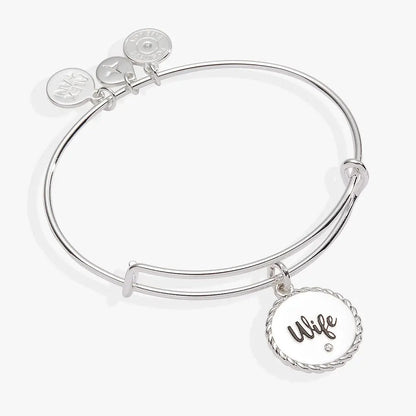 Wife Charm Bangle bracelet by ALEX AND ANI in silver with round rope-edge charm engraved Wife on Tampa Home & Garden Store