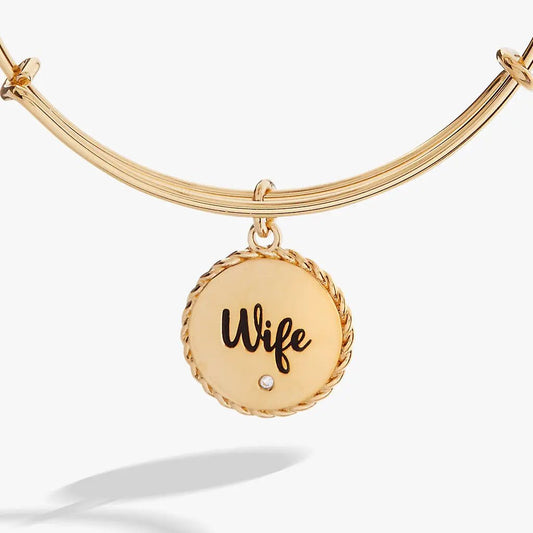 Wife charm bangle, gold-tone circular rope-edge pendant engraved Wife with tiny crystal on Tampa Home & Garden Store