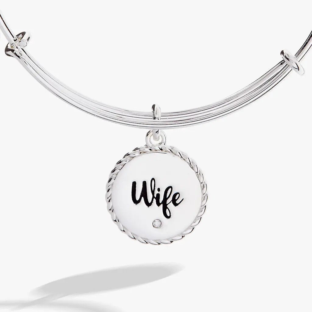 Wife charm bangle bracelet with round white pendant outlined by twisted silver rope on Tampa Home & Garden Store