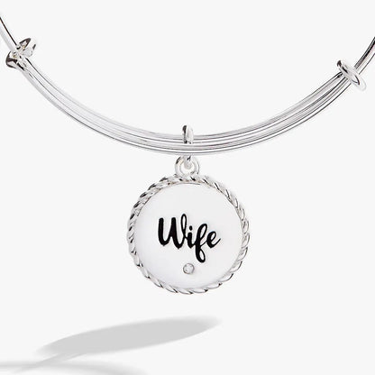 Wife charm bangle bracelet with round white pendant outlined by twisted silver rope on Tampa Home & Garden Store