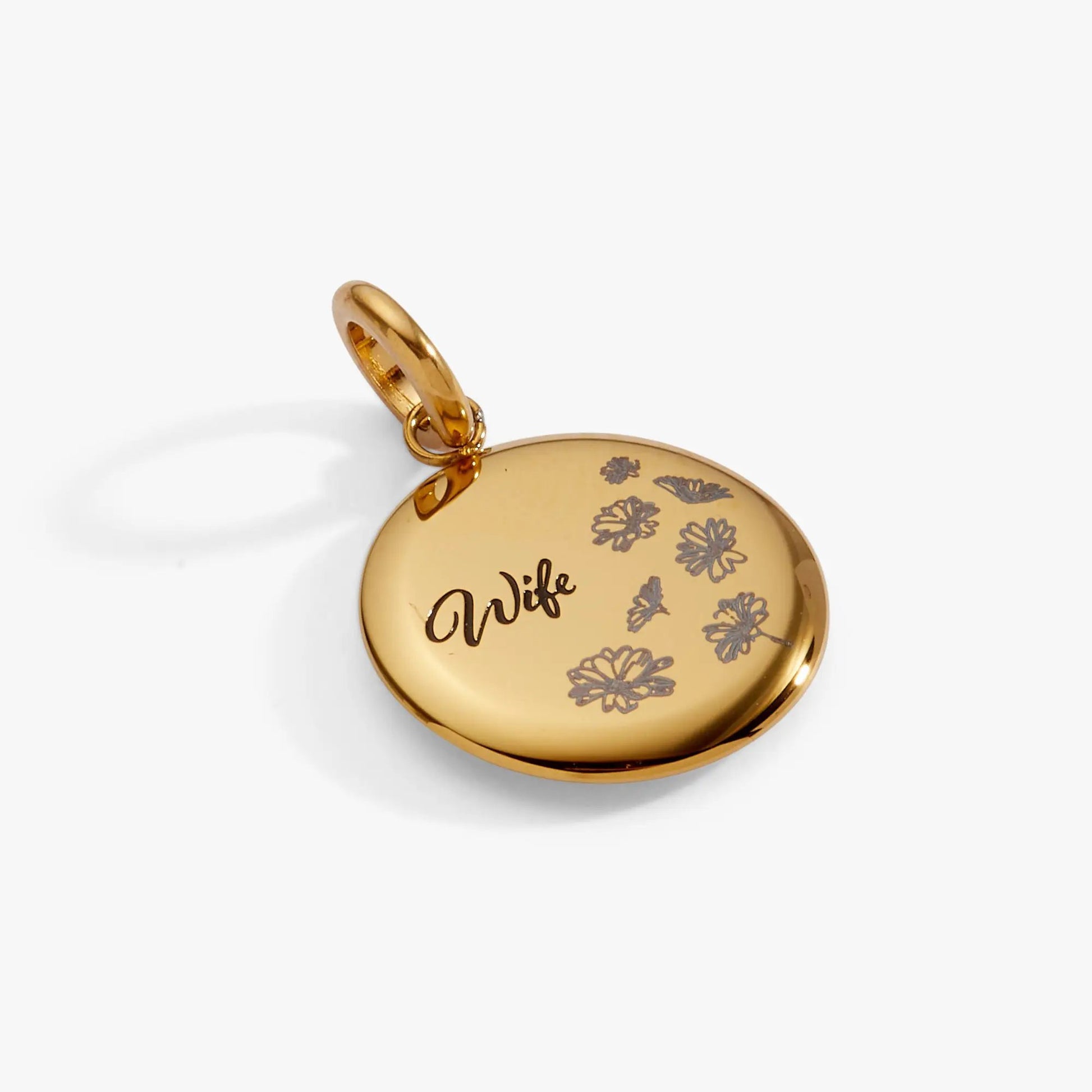 Wife Flower Disc Charm pendant in gold-tone with engraved floral motif by ALEX AND ANI on Tampa Home & Garden Store