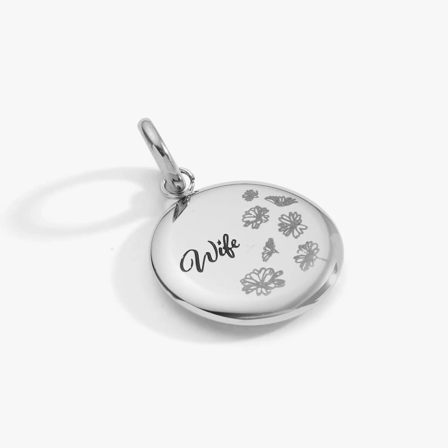 Wife Flower Disc Charm pendant in silver with floral motifs and Wife script by Alex and Ani on Tampa Home & Garden Store