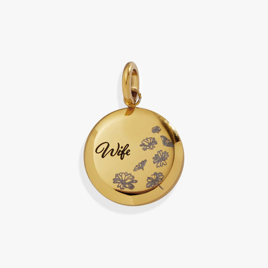Gold-tone Wife Flower Disc Charm by ALEX AND ANI with floral engraving on Tampa Home & Garden Store