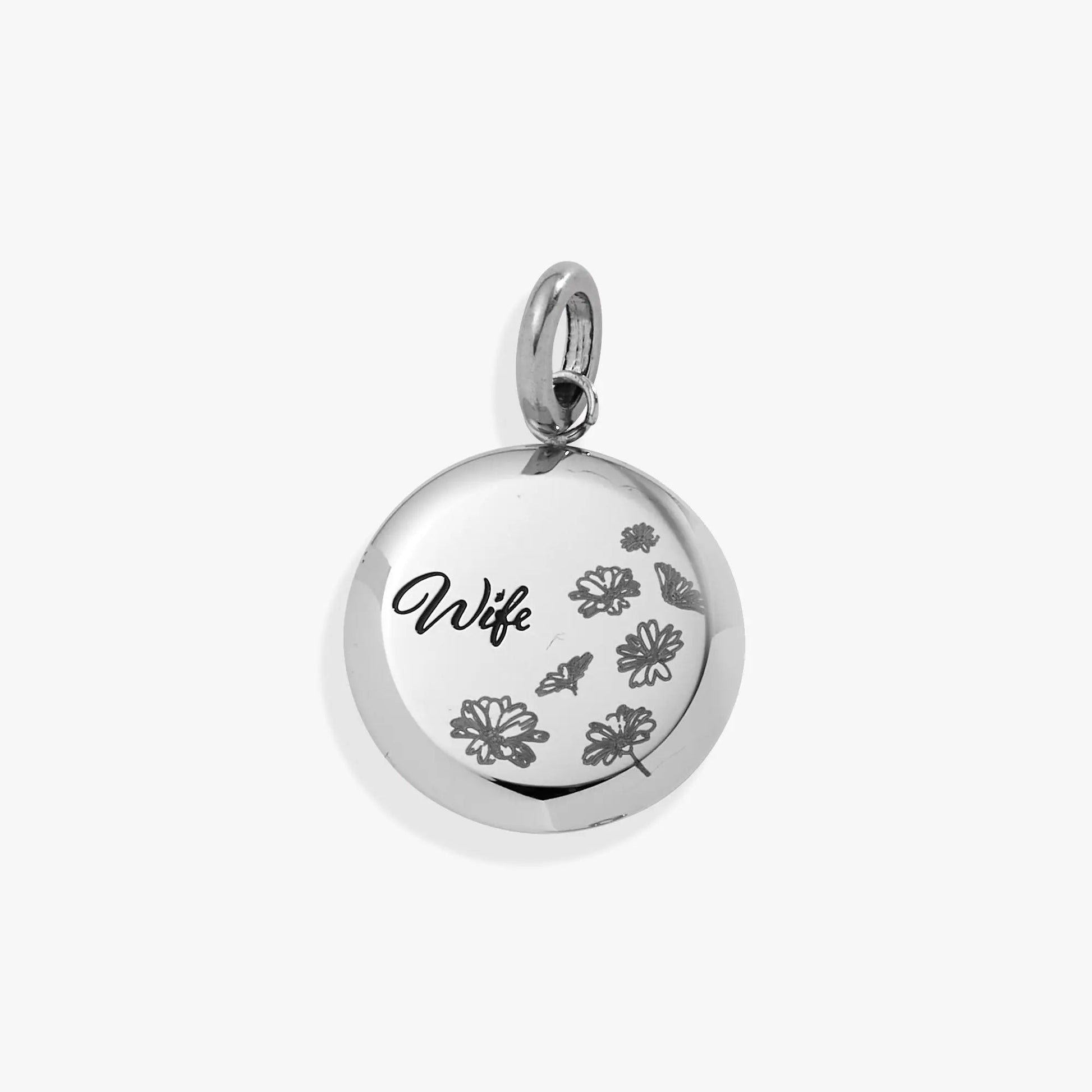 Wife Flower Disc Charm pendant, silver-tone with floral relief, ALEX AND ANI on Tampa Home & Garden Store