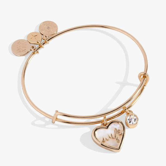 Wife Mother of Pearl Heart Bangle, rose-gold bracelet with Alex and Ani charms on Tampa Home & Garden Store