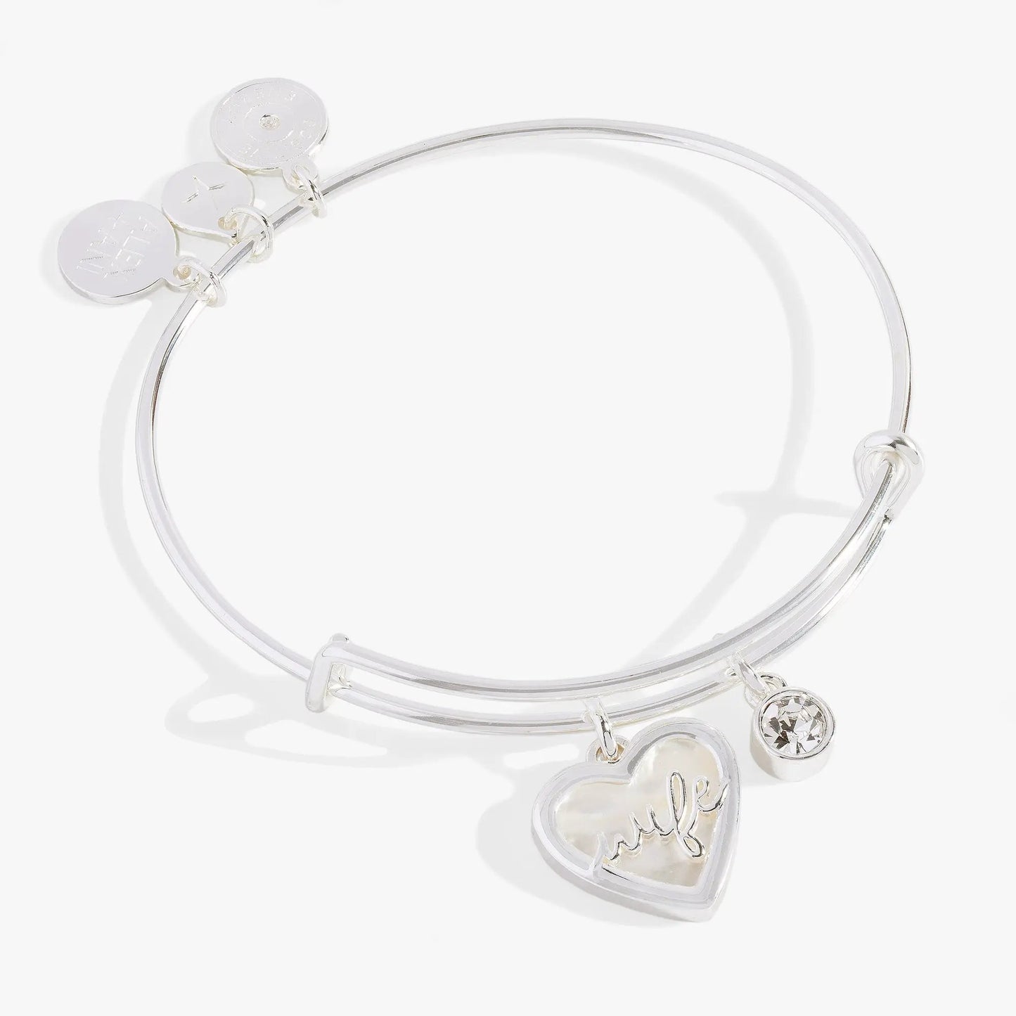 Wife Mother of Pearl Heart Bangle by Alex and Ani, silver-tone bracelet with pearl heart pendant on Tampa Home & Garden Store