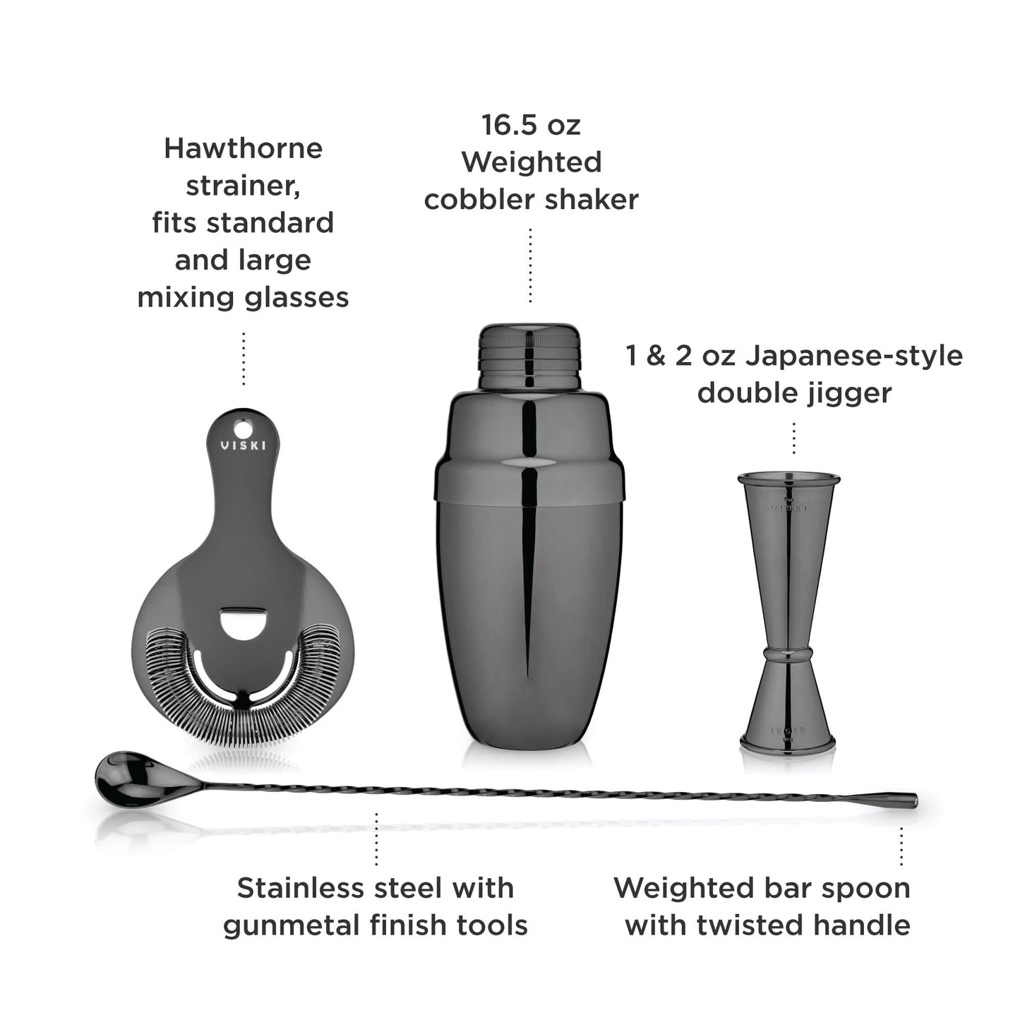 Warren 4 Piece Steel and Gunmetal Barware Set