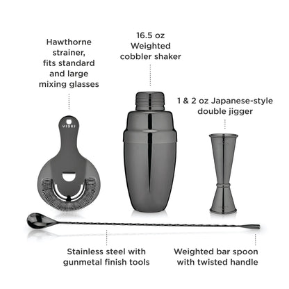 Warren 4 Piece Steel and Gunmetal Barware Set