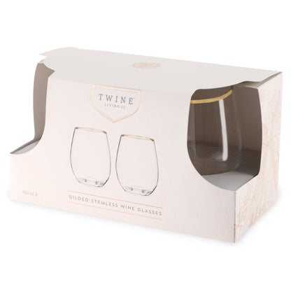 Gilded Stemless Wine Glasses and Gold Rim Set