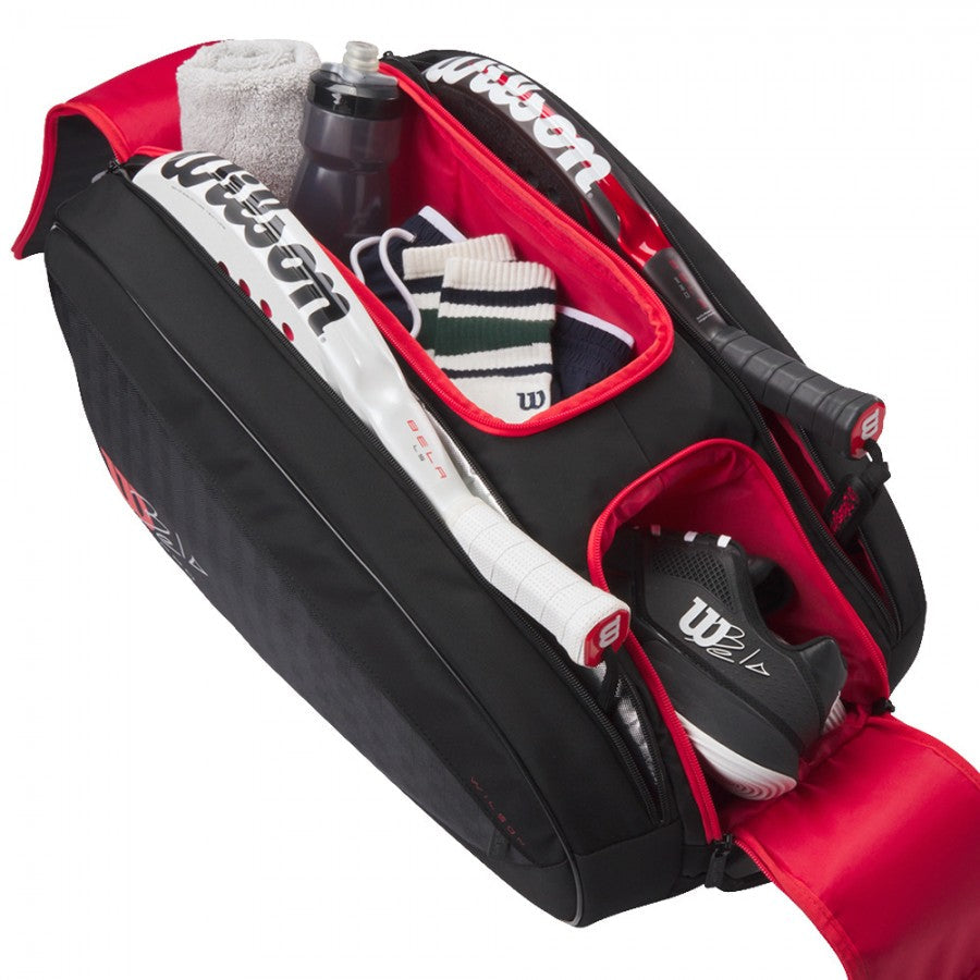 Wilson Bela V3 Padel Racket Bag, black & red, holds two rackets with towel and water bottle on Tampa Home & Garden Store
