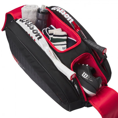Wilson Bela V3 Padel Racket Bag, black & red, holds two rackets with towel and water bottle on Tampa Home & Garden Store