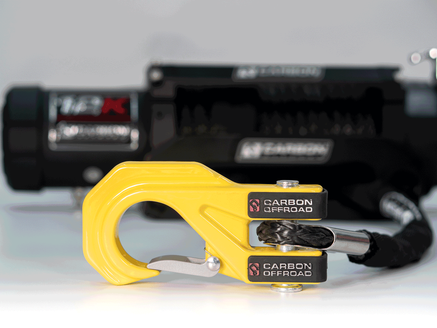 Carbon Offroad Mega Pro winch hook, yellow housing, braided rope, on Tampa Home & Garden Store