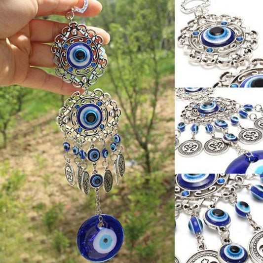 Wind chimes Stevvex with Turkish blue Nazar evil eye pendants, silver filigree on Tampa Home & Garden Store