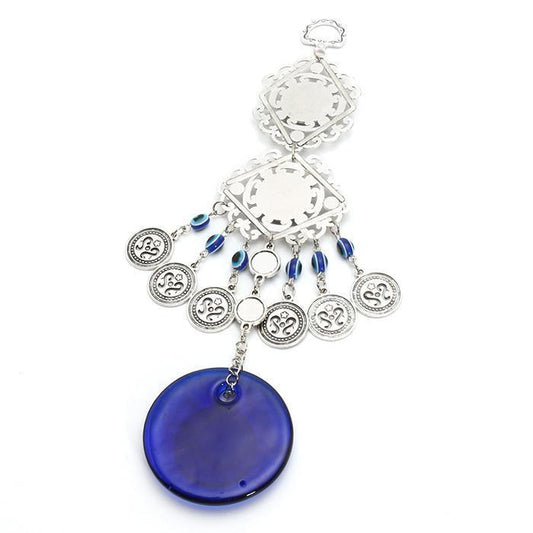 Stevvex wind chime with Turkish blue evil eye charms, silver discs and blue disk pendant on Tampa Home & Garden Store