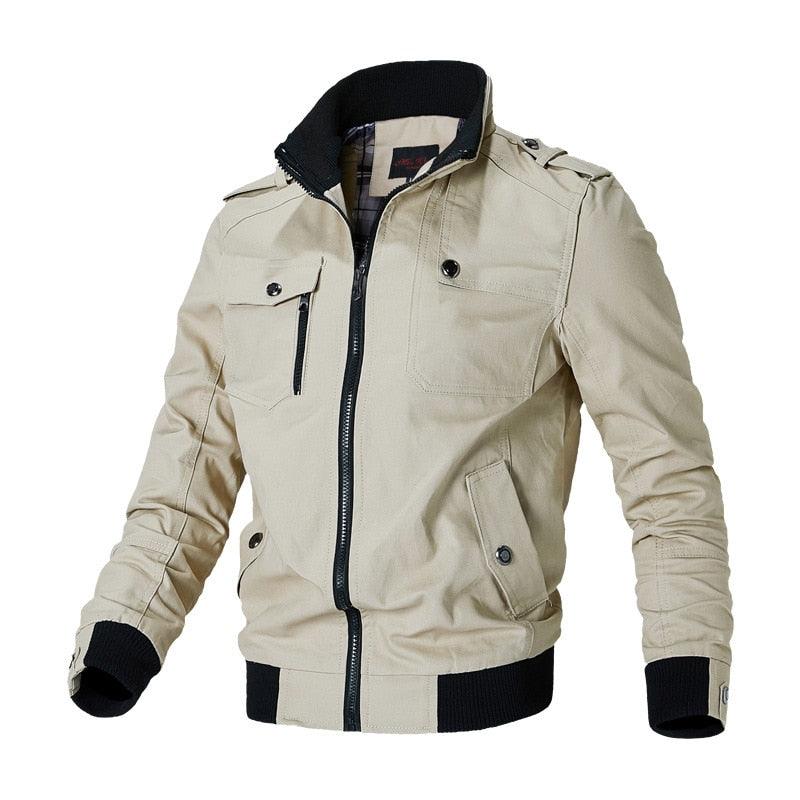 Stevvex beige bomber jacket with zip front and ribbed cuffs, lightweight windbreaker on Tampa Home & Garden Store
