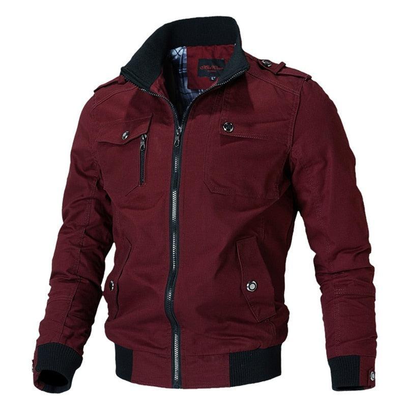 Stevvex windproof bomber jacket burgundy with black ribbed cuffs and front zipper on Tampa Home & Garden Store