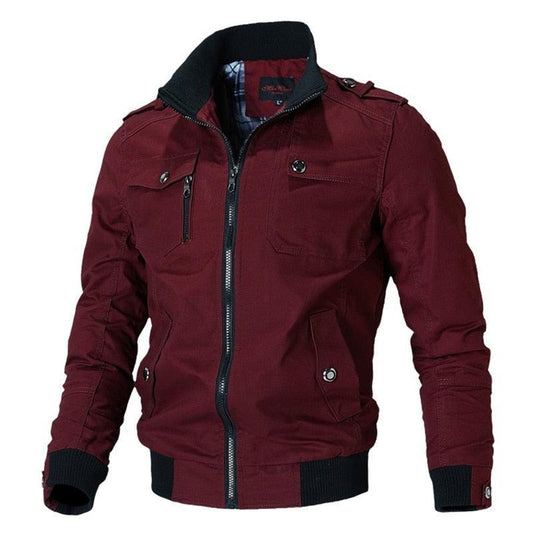 Stevvex windproof bomber jacket burgundy with black ribbed cuffs and front zipper on Tampa Home & Garden Store