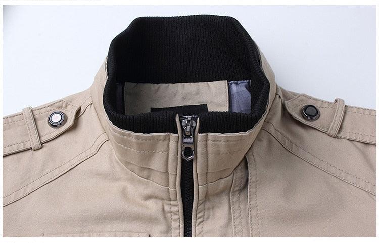 Stevvex windproof bomber jacket beige with black knit collar front zipper and epaulettes on Tampa Home & Garden Store