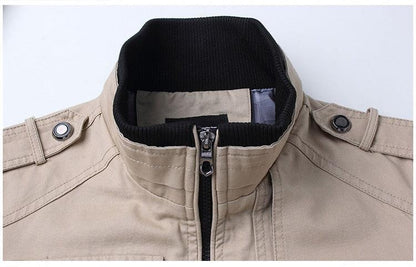 Stevvex windproof bomber jacket beige with black knit collar front zipper and epaulettes on Tampa Home & Garden Store