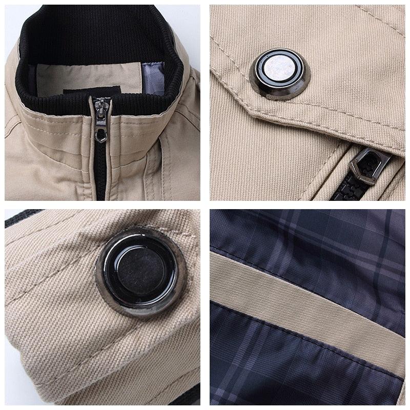 Beige windproof bomber jacket with zip and quilted stitching; navy plaid lining on Tampa Home & Garden Store