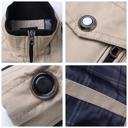 Beige windproof bomber jacket with zip and quilted stitching; navy plaid lining on Tampa Home & Garden Store