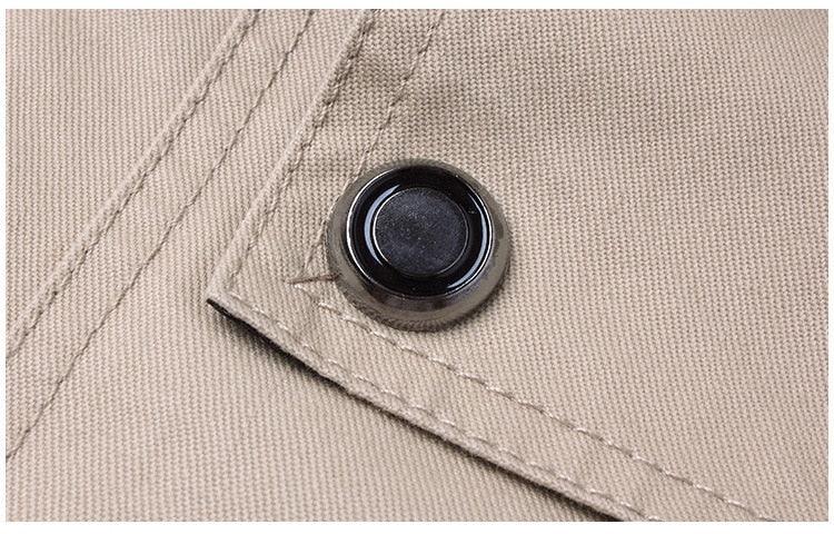 Stevvex windproof bomber jacket beige fabric close-up with metal snap button and stitching on Tampa Home & Garden Store