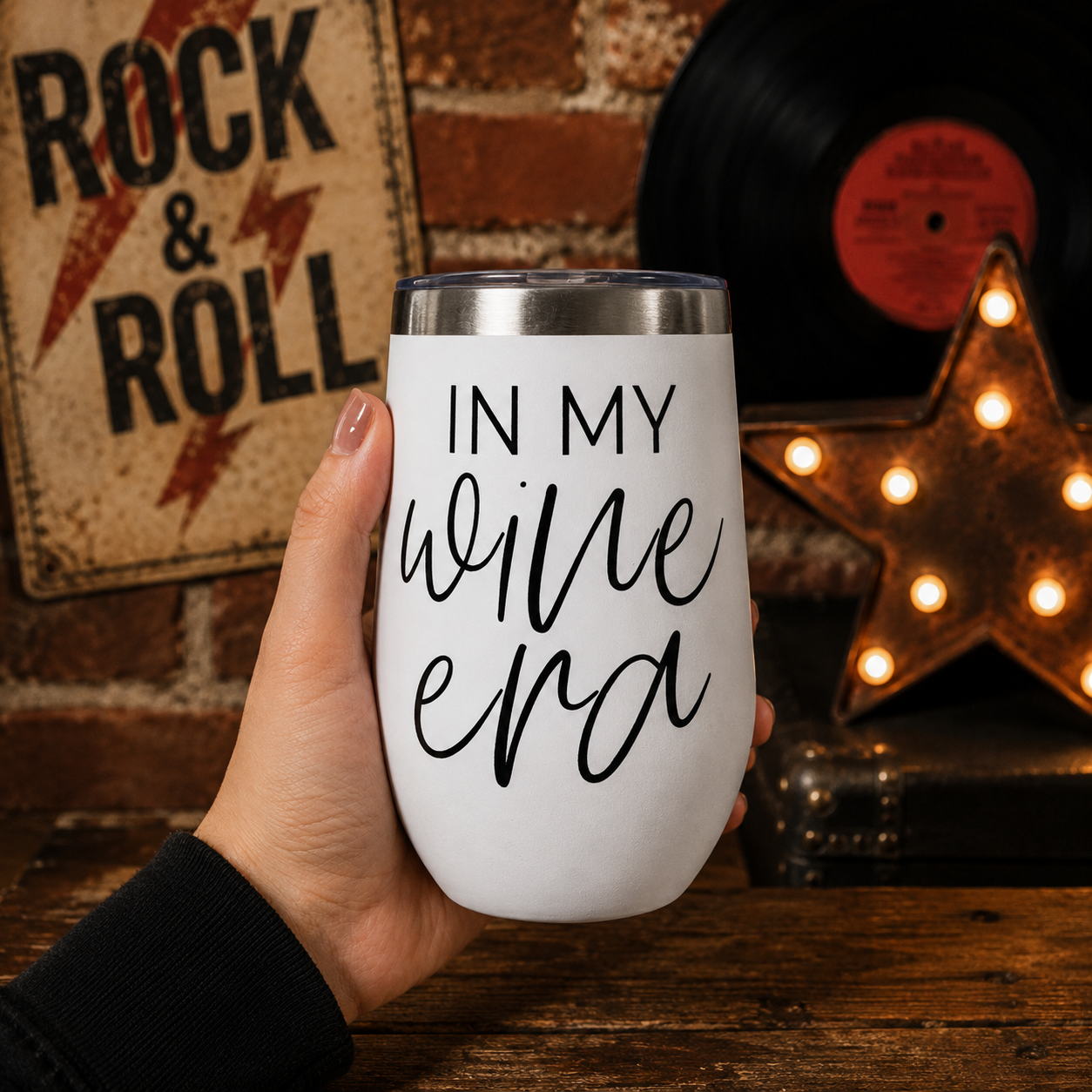 Wine Era 17oz tumbler Gia Roma, white stainless steel cup with black script text, hand-held on Tampa Home & Garden Store